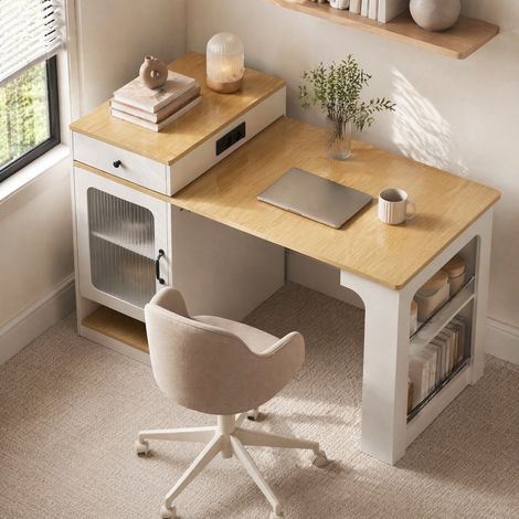 Tavolo da cucina estensibile con contenitori e prese, bianco e legno naturale HAVRYA (1/5)