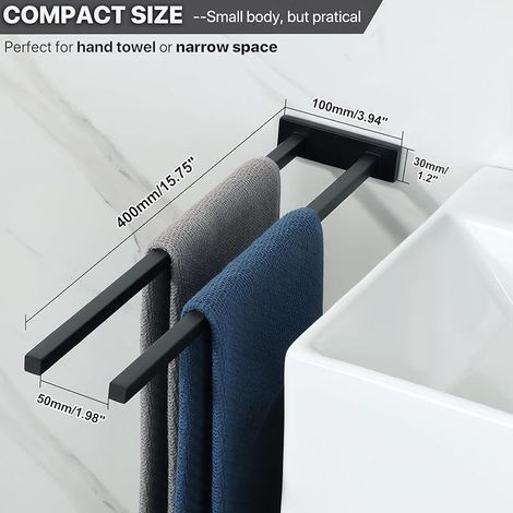 Porte Serviette Mural pour Salle de Bain, Support Serviette Montage par Vis en en SUS304 Acier Inoxydable, Double Barre Design Minimaliste pour Toilette Cuisine Lavabo WC, 40CM Noir Mat (1/4)