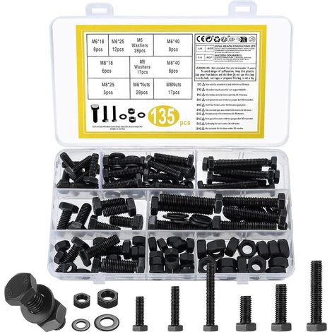 135-teiliges Schrauben- und Mutternset, M6- und M8-Schrauben, Bolzen, Muttern und Unterlegscheiben, Sechskantschrauben, Sechskantschrauben für Fahrrad-, Motorrad- und Autoreparaturen, Schwarz (1/5)