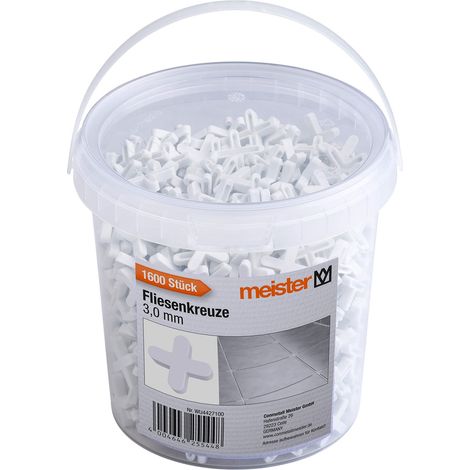 Meister 4427100 - Croce per piastrelle, 3,0 mm, pratico set da 1600 pezzi, in robusto polipropilene, accessori per la posa delle piastrelle, croce per fughe, colore: Bianco (1/4)