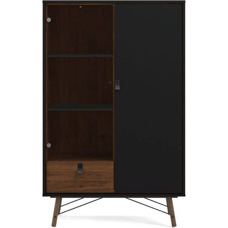 Rye Vitrinenschrank 1 Glastür, 1 Tür, 1 Schublade mattschwarz, wallnuss Dekor.