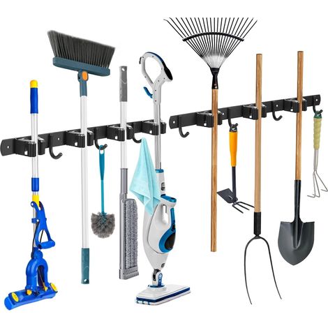 2 Pièces Support mural, Acier inoxydable, Noir, Pour balais et outils, Cuisine, Garage, Jardin
