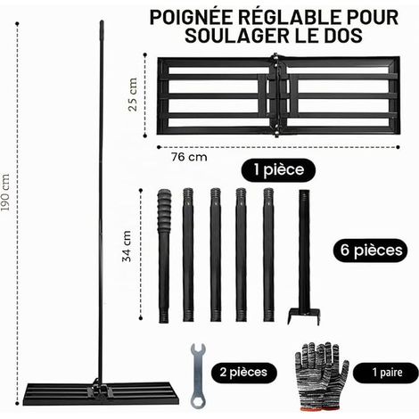 Râteau niveleur avec manche, raclette de pelouse 76 x 25 cm, niveleur de pelouse, raclette de jardin, outil de nivellement de pelouse pour golf, jardin, ferme, râteau niveleur de pelouse (1/4)