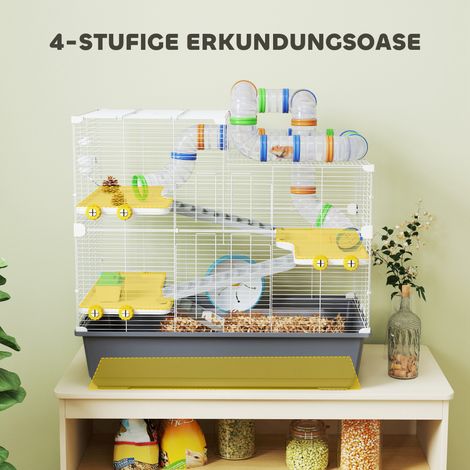 Cage rongeur hamster nain, 4 étages, réseau de galeries, refuge, équipements, toit ouvrant, 78 x 45 x 73 cm, grise (1/4)