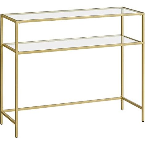 Table console, table en verre trempé, canapé ou table d'entrée moderne, structure en métal, 2 étagères, pieds réglables, pour salon, entrée, couleur or LGT025A01 (1/5)