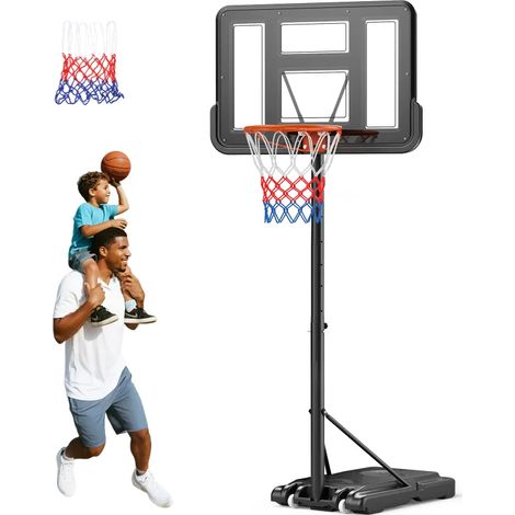 Panier de basket pour adultes, hauteur réglable de 128 à 305 cm, sur roulettes, avec deux filets, adapté à une utilisation intérieure et extérieure (noir). (1/5)