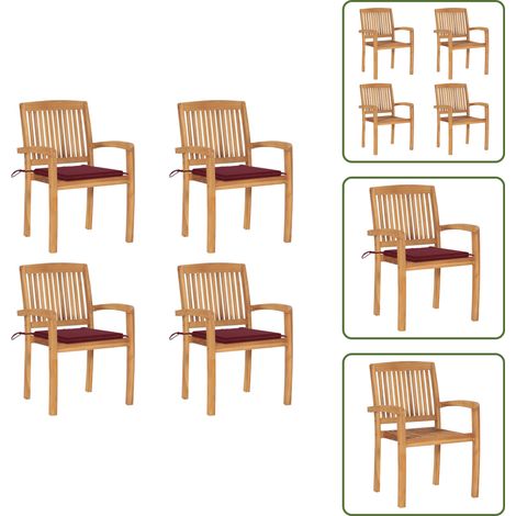 The Living Store Stapelbare Gartenstühle mit Kissen 4 Stk. Massivholz Teak - Teakholz (1/5)