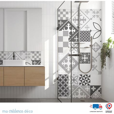 Panneau de douche : Carreaux ciment patchwork 3 - Couleur gris - Alu composite - 90 - 245 (1/3)