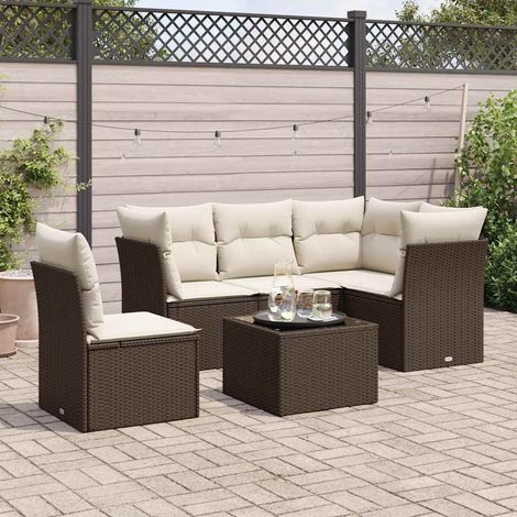 6-tlg. Garten-Sofagarnitur mit Kissen Braun Poly Rattan (1/3)