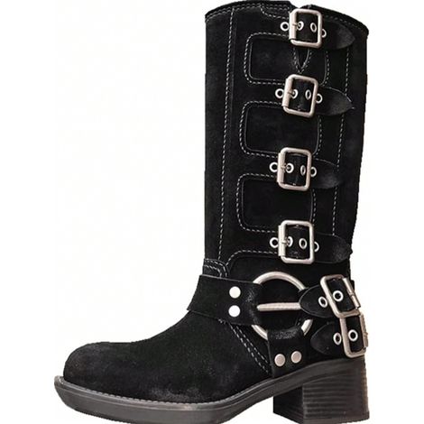 Bottes moto rétro pour femme, talon épais, boucle ceinture, style cow-boy, hauteur genou, chaussures de conduite, cuir robuste, look vintage, taille ajustée. (1/4)