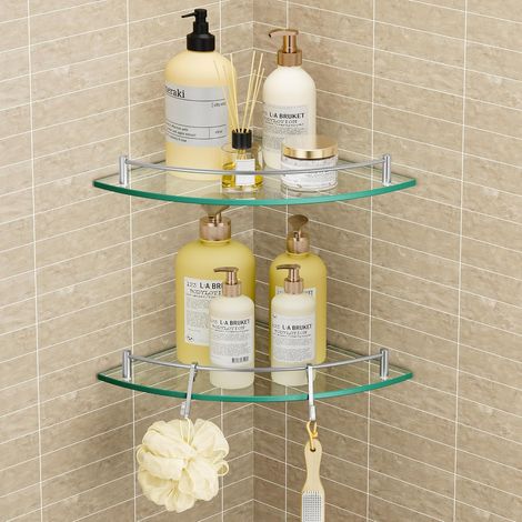 Étagère Murale Étagère d'angle en Verre Étagère Salle de Bain Douche Tablette Étagère en Verre Trempé avec Porte Serviette 2 Pièces Acier Inoxydable SUS304 Brossée (1/5)