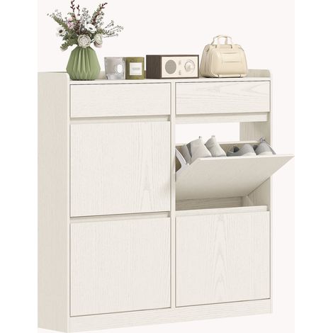 Schmaler Schuhschrank aus Holz mit 4 Kippschubladen und 2 Auszugsschubladen, 98 x 19,2 x 95,3 cm, weiß