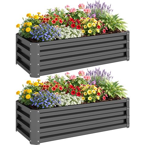 Outsunny Outdoor Planter Box, Steel Raised Garden Bed, Set of 2 Light Grey (1/5)