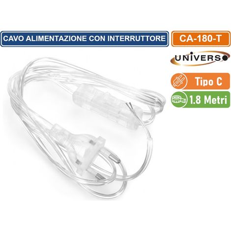 CAVO DI ALIMENTAZIONE BIPOLARE 1.8 METRI CON INTERRUTTORE E SPINA EUROPEA TIPO C COLORE TRASPARENTE (1/3)