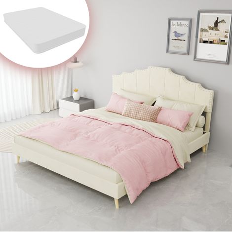 Lit rembourré 160 x 200 cm beige avec matelas et sommier à lattes OKWISH (1/5)