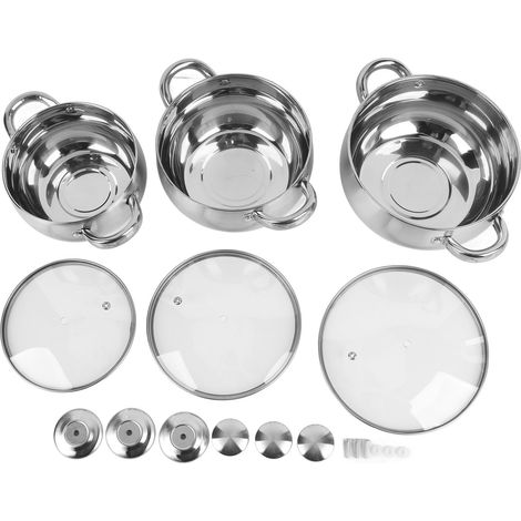 Ensemble de 3 casseroles à soupe en acier inoxydable avec fond antiadhésif épais et couvercles munis de poignées pour éviter les brûlures. (1/5)