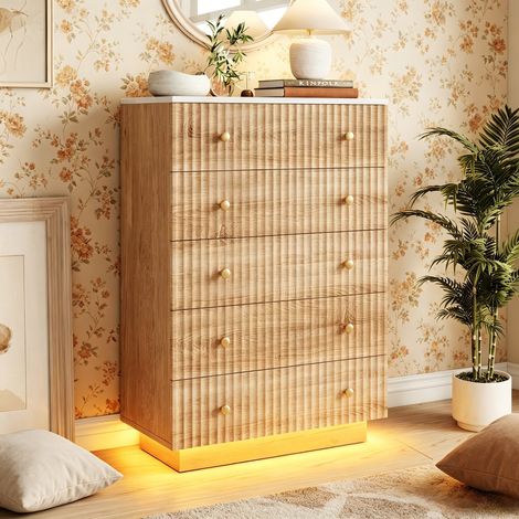 JOOKGBD-Comò 73x40x110 cm, Mobile da Giorno con 5 Cassetti e Illuminazione LED, Armadio Adulti con Dispositivo Anti-Ribaltamento, per Camera Soggiorno Ingresso, Legno Naturale