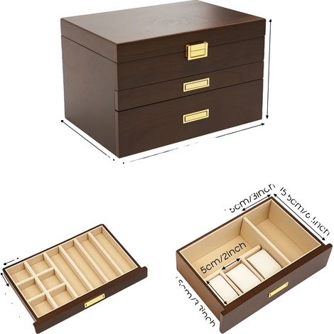 Boîte à bijoux, organisateur à trois niveaux, design en bois élégant, Chocolat (1/2)