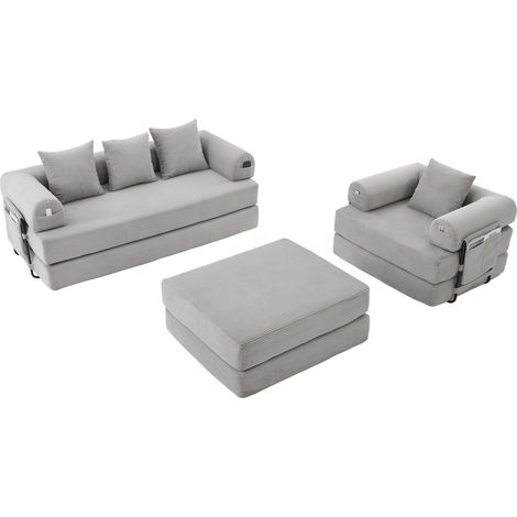 ELVMI Modulares Sofa 4-Sitzer mit Seitentasche und 3 Kissen, aus Cord, Hellgrau (1/5)