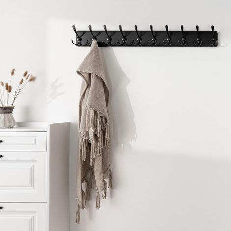 Porte Manteau Mural Bois Noir, Le Style Rustique, 98cm Longue,Grand Porte-manteau Mural avec 10 Crochets Triples Pour suspendre sac à dos, veste, chapeau