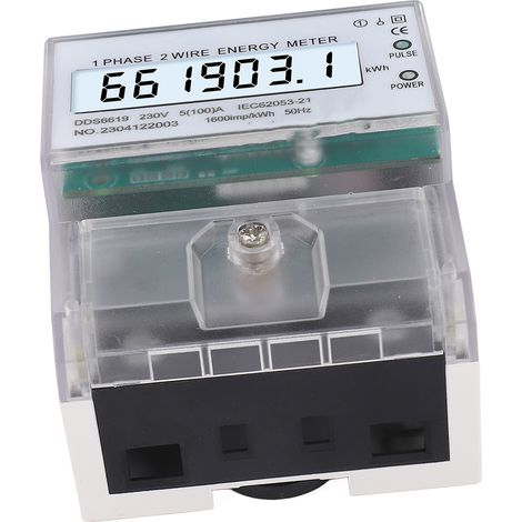 Compteur d'énergie monophasé rétroéclairé LCD (kWh) à boîtier transparent, monté sur rail, 230 V CA, 5 A. (1/5)