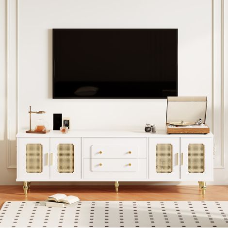 Meuble TV 175x38x55.5 cm blanc en panneau de particules avec portes effet rotin et pieds dorés (1/5)