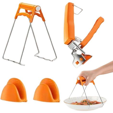 Ensemble de 3 ustensiles de cuisine anti-brûlure : pince pour plaques chauffantes, pince à bols en acier inoxydable et dessous de plat en silicone, outils multi-usages pour bols, plats et poêles. (1/5)