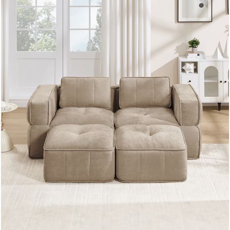 Modulares 2-Sitzer-Sofa mit zwei Hockern, 198 x 162 x 67 cm, Polyester, Sand HAVRYA (1/5)