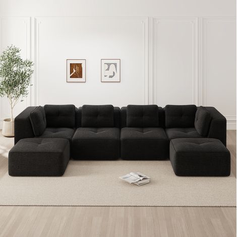 Divano modulare a U con ottomana, 386 x 177 x 69 cm, velluto a coste, nero OKMYHOME (1/5)