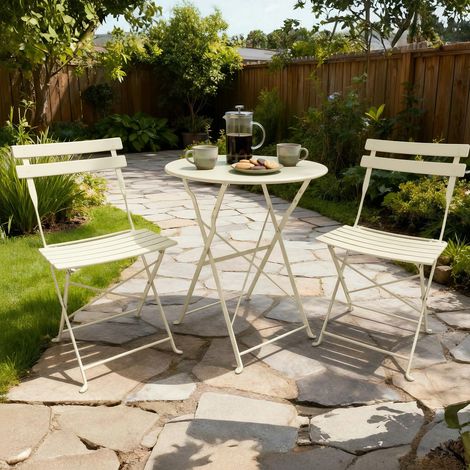 Clifton Bistro Set Outdoor Patio Garden Furniture Table and 2 Chairs Metal Cream (1/5)