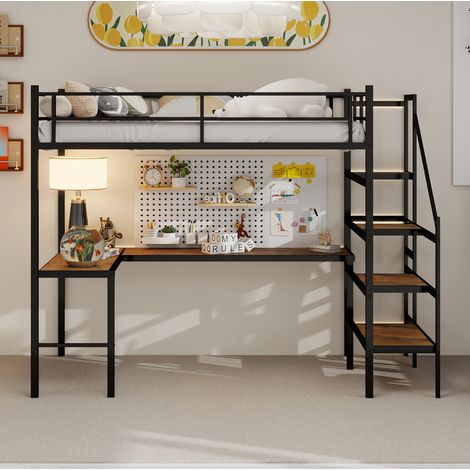 Letto rialzato 90x190 cm con scrivania a L, ripiani e vano portaoggetti aperto, in metallo, nero (1/5)