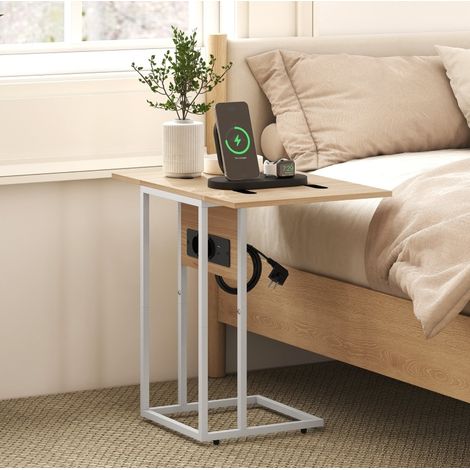 Tavolo d'appoggio pieghevole 39x29/58x57 cm con stazione di ricarica USB-C, metallo bianco e legno (1/5)