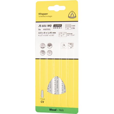Klingspor JS 601 WQ 669581 - Lames de scie sauteuse  (100 x 8 x 1.45 mm, longueur utile 95 chrome vanadium, tranchant, conique, 6 dents par pouce)