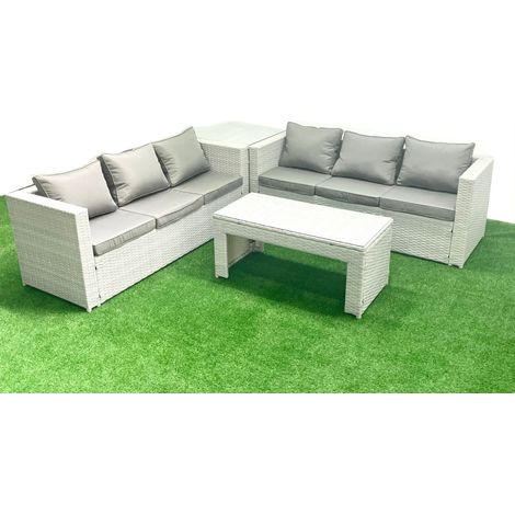 Fimous 6 places Salon de Jardin Extérieur Canapé de jardin en rotin Table basse oblongue avec Table d'appoint Gris clair mixte (1/5)