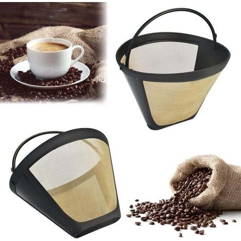 2 pièces filtre à café taille 4 filtre à café permanent filtre à café en acier inoxydable panier en maille filtre doré lavable filtre à café permanent en plastique réutilisable avec poignée pour la pl (1/4)