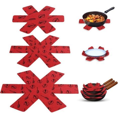 Protectores para ollas y sartenes, 15 almohadillas de fieltro acolchadas estampadas de primera calidad, separan y protegen las superficies de los utensilios de cocina para evitar arañazos (rojo). (1/5)