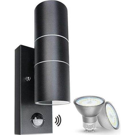 Applique murale d'extérieur avec détecteur de mouvement PIR LED IP44 en Noir avec 2 ampoules GU10 5 W Blanc chaud/3000k (1/5)
