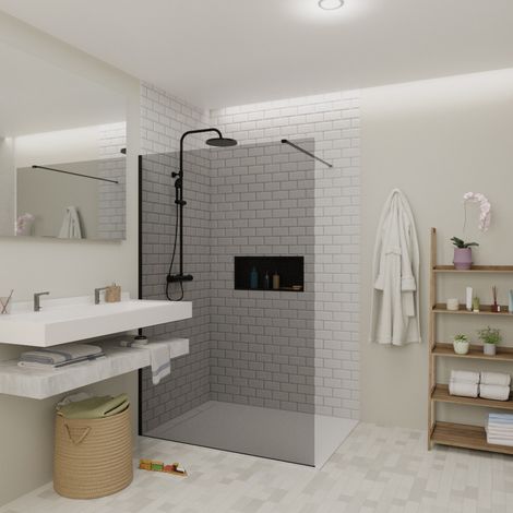 Swiss Aqua Technologies Mampara de ducha Walk-In panel de cristal ahumado antical 140x200cm 8 mm, con brazos y perfiles negro mate (SATBWI140KSPRC)