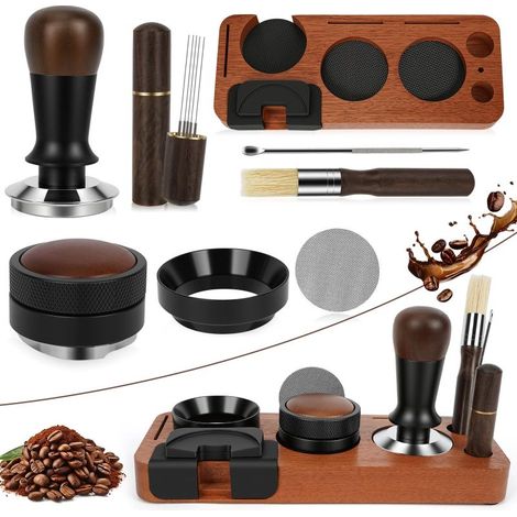 Ensemble de 8 accessoires pour café en noyer italien 51 mm – Marron, élégant, pour préparation et dégustation de café. (1/5)