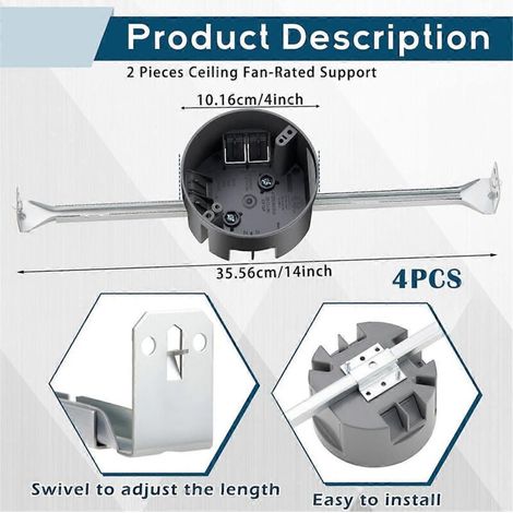 4 supports de ventilateur de plafond, réglables pour boîtier électrique de 14 à 24,5 pouces.