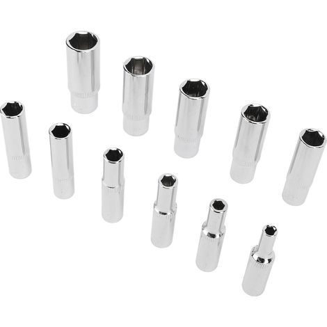 Jeu de 11 douilles longues hexagonales 1/4 pouce en acier au chrome-vanadium, 6 pans, 4-14 mm (1/5)