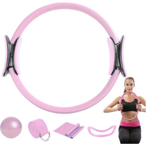 Anneau de Pilates - Ballon de Pilates - Kit d'anneaux de yoga - Accessoires de fitness à domicile - Kit complet de renforcement musculaire - Rose (1/4)