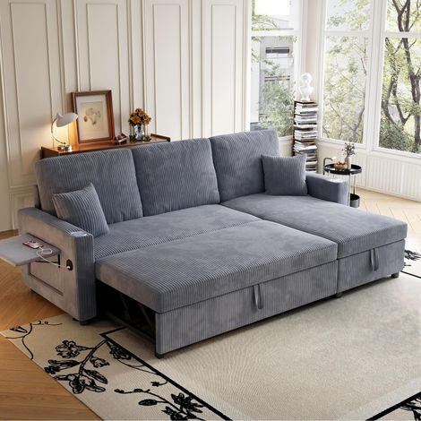 Canapé d’angle convertible en velours côtelé gris, modulaire avec rangement, ports USB/Type-C, porte-gobelets (1/5)