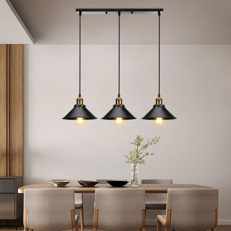 – Lustre suspension noir industriel rétro E27 3 ampoules – Abat-jour 22cm – Câble réglable 100cm – Pour salon, chambre, couloir (1/5)