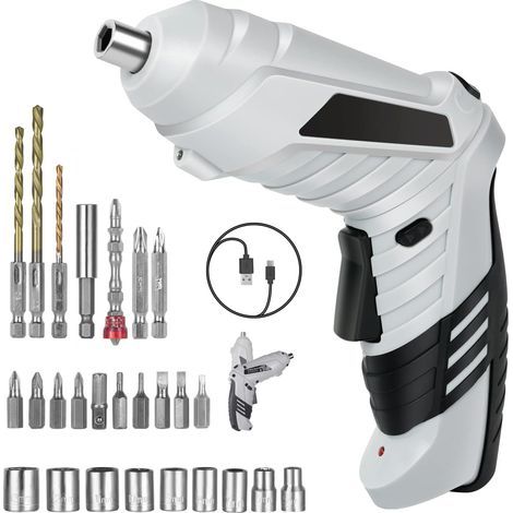 Taladro atornillador inalámbrico de 3,6 Nm, 1300 mAh, 3,6 V, destornillador + 26 accesorios, 2 direcciones de rotación + luz LED, cable de carga USB, ideal para profesionales, montaje de muebles y jug (1/5)