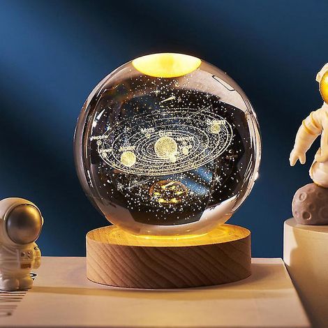 Boule de cristal 3D avec socle en bois, veilleuse LED 3D, décoration galaxie pour la maison, système solaire (1/4)