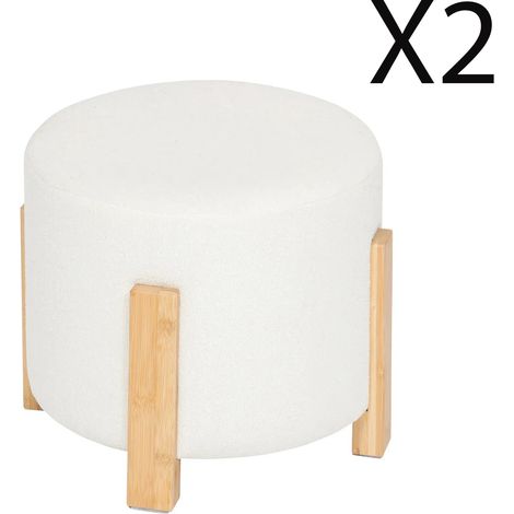 Lot de 2 tabourets d'appoints en bois naturel et tissu coloris Blanc - diamètre 37,5 x Hauteur 32 cm