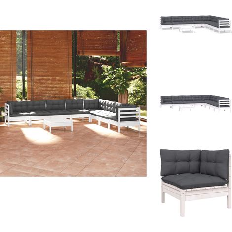 9-tlg. Garten-Lounge-Set mit Kissen Weiß Kiefer Massivholz - Garten Lounge Set - Kiefernholzmöbel - Outdoor Möbel - Gartengeräte - Loungemöbel (1/5)