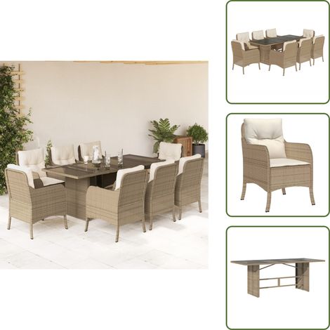 Mesa de jardín - vidaXL Set comedor de jardín 9 pzas con cojines ratán sintético beige - Ratán sintético