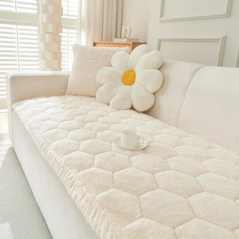 Thick, Non-Slip Sofa Cover for 2, 3, or 4 Seater Sofas, Beige and White, 70x150cm Soft, Washable Flannel Sofa Cover, Corner Sofa Cover for Dogs, Protective Sofa Cover for Leather Living Room Sofa (1/5)